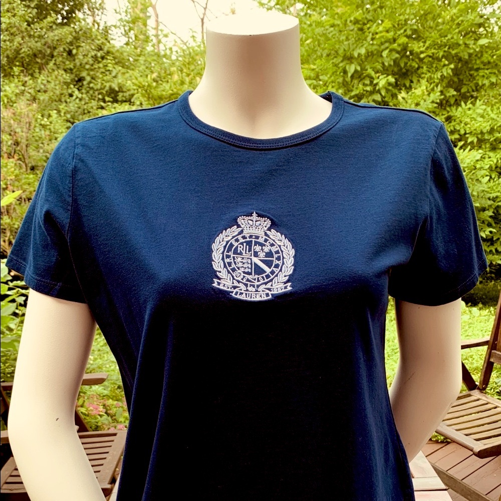 Ralph Lauren woman top navy blue cotton Crew neck white logo crest half sleeve L